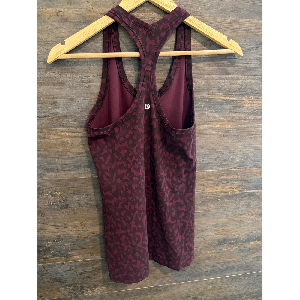 Lululemon Cool Racerback Tank Top Burgundy Plum Leopard Camo Print Womens